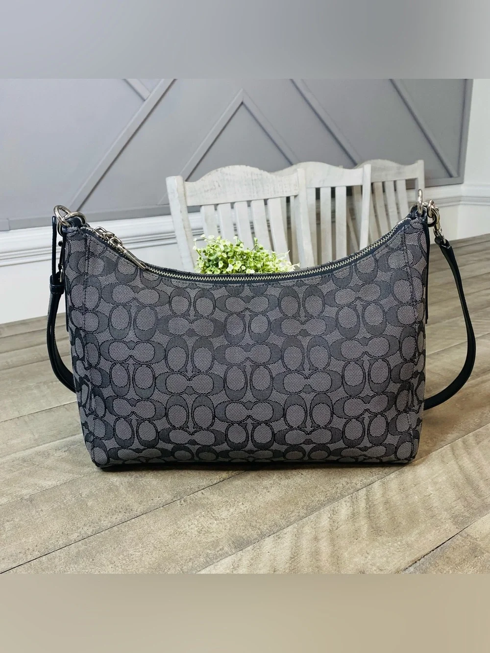 COACH F58284 East/West Celeste Hobo Signature Canvas Bag Black Smoke/Black